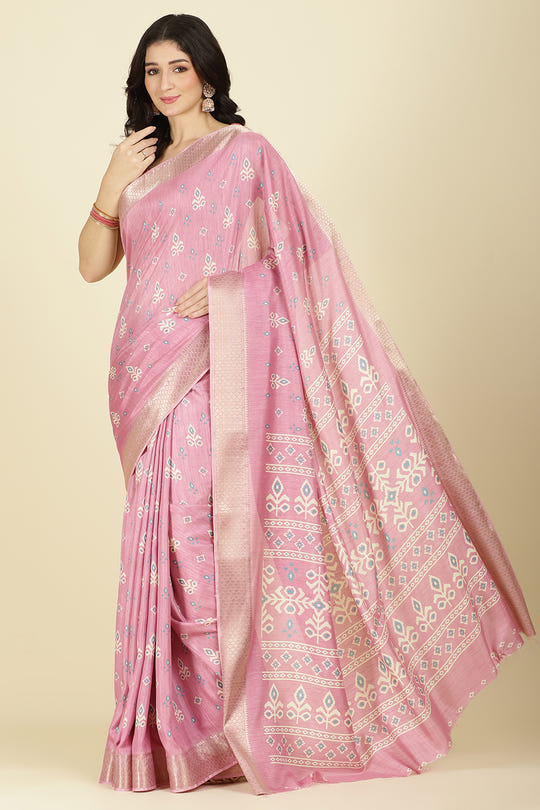 Pink Cotton Silk Printed And Zari Woven Saree
