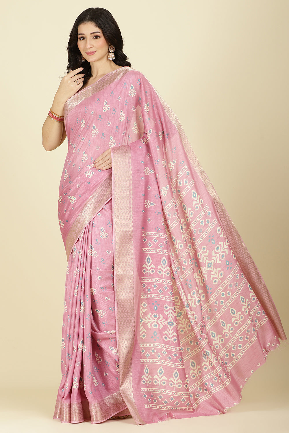 Pink Cotton Silk Printed And Zari Woven Saree