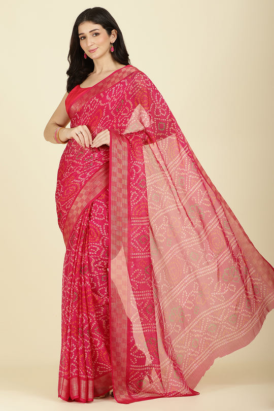 Magenta Pink Color Chiffon Bandhani Printed Saree