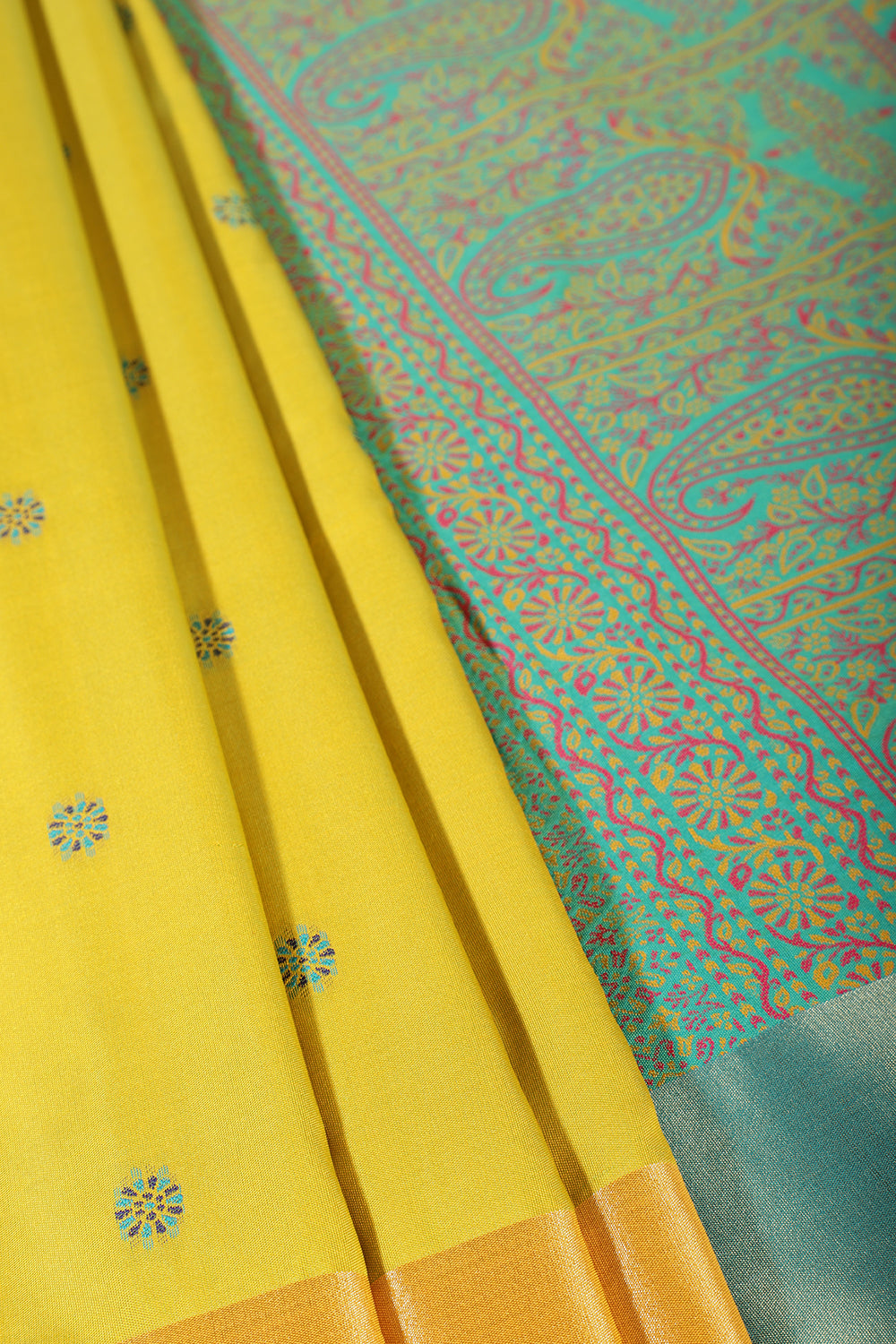 Lemon Yellow & Teal Green Silk Resham And Zari Woven Saree