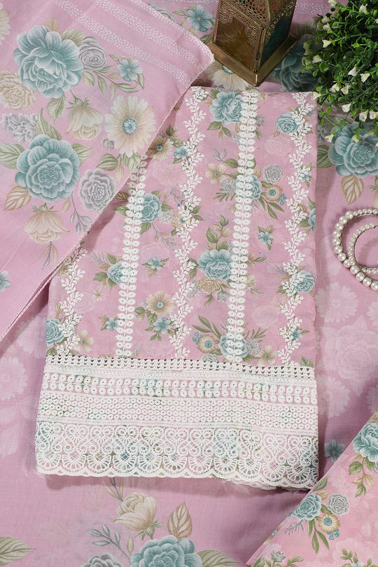 Pink Color Cotton Flower Printed and Lace Work Unstitched Suit Fabric