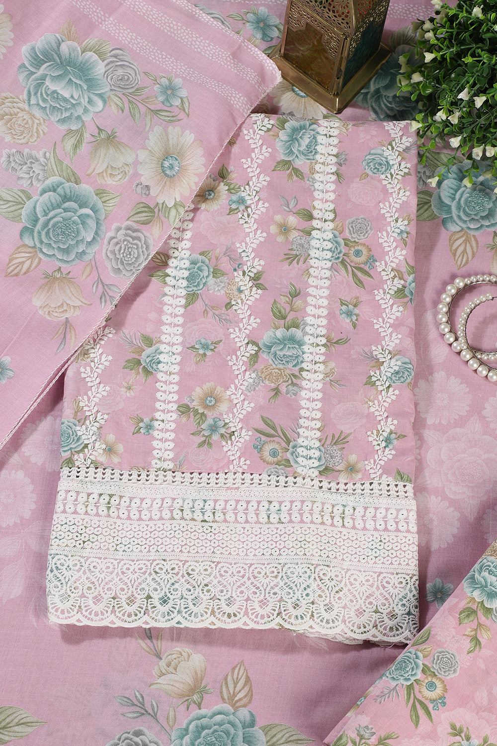 Pink Color Cotton Flower Printed and Lace Work Unstitched Suit Fabric