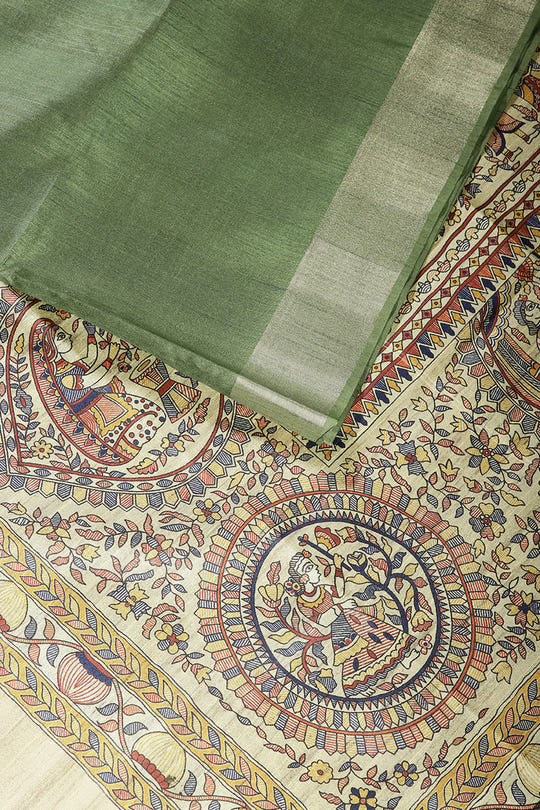 Green Color Cotton Silk Madhubani Print Saree