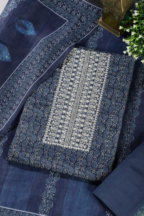 Navy Cotton Silk Printed and Neck Embroidered Unstitched Suit