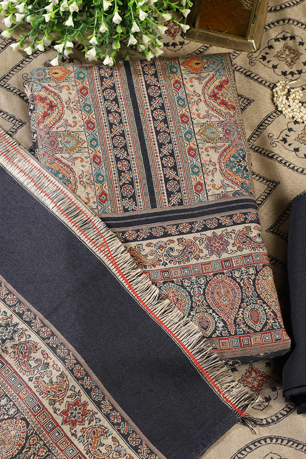 Navy Pashmina Digital Printed Unstitched Suit Fabric