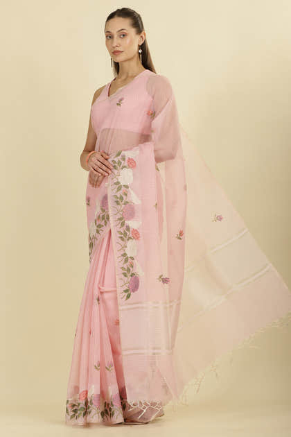 Pink Kota Cotton Floral Resham Embroidered And Zari Woven Saree