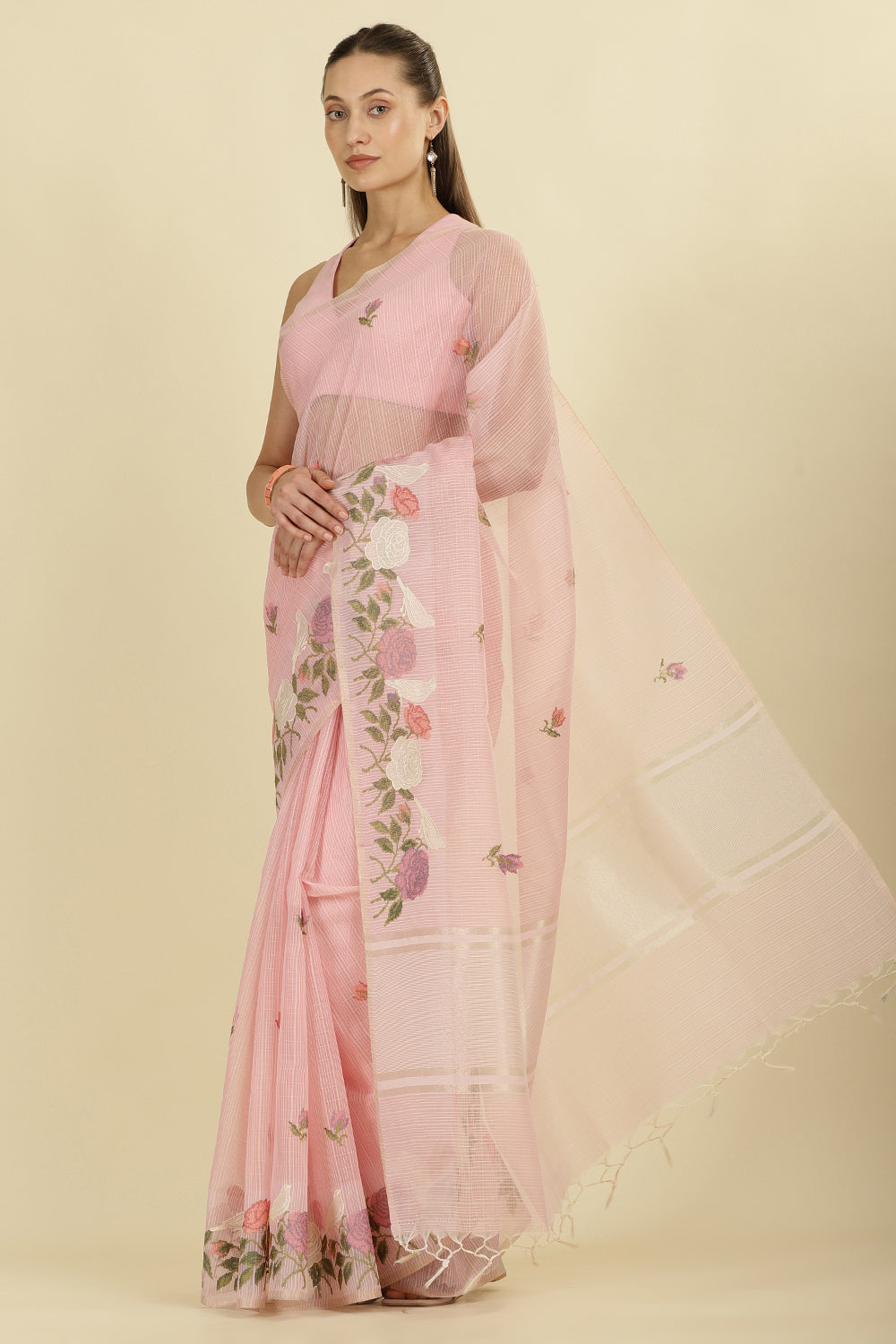 Pink Kota Cotton Floral Resham Embroidered And Zari Woven Saree