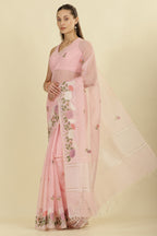 Pink Kota Cotton Floral Resham Embroidered And Zari Woven Saree