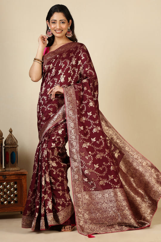 Dark Scarlet Banarasi Silk Zari Floral Zaal Woven Saree