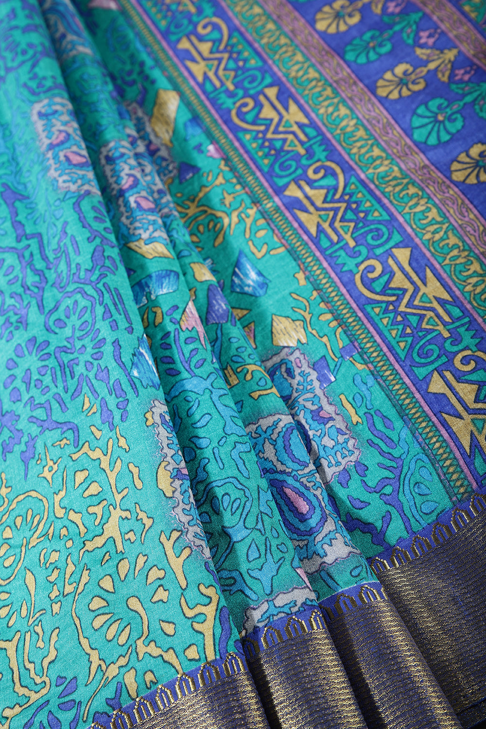 Teal Green & Blue Color Geometric Printed Tussar Silk Saree