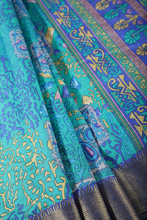 Teal Green & Blue Color Geometric Printed Tussar Silk Saree