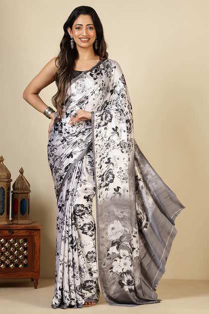 Black & White Floral Printed Crepe Silk Saree