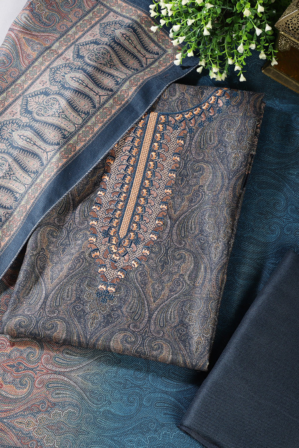 Navy Pashmina Printed And Neck Embroidered Unstitched Suit Material