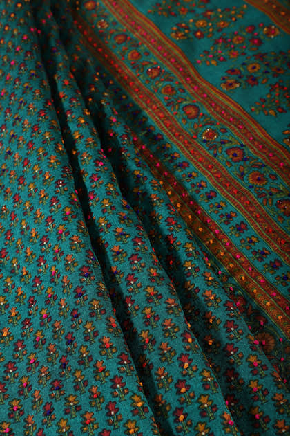 Teal Silk Printed And Hand-Knot Work Saree