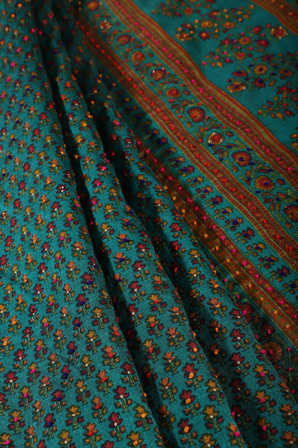 Teal Silk Printed And Hand-Knot Work Saree