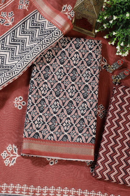 Black Cotton Ajrakh Block Print Unstitched Suit Material