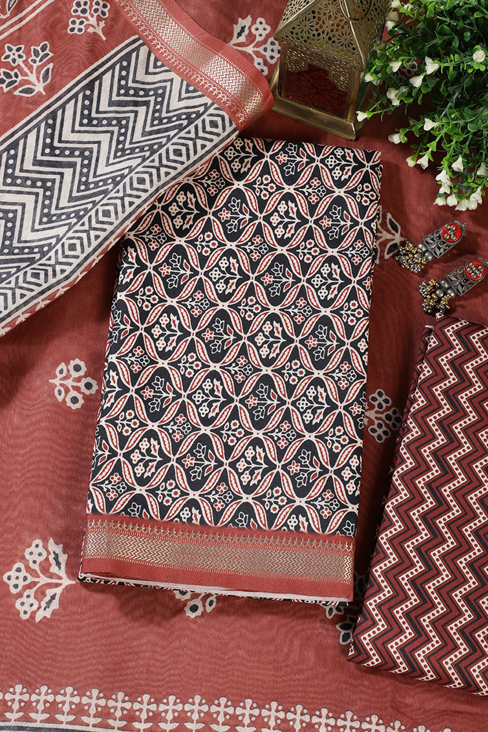 Black Cotton Ajrakh Block Print Unstitched Suit Material