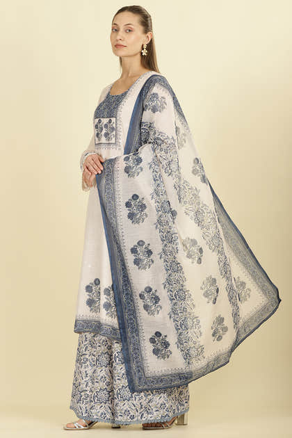 Cream & Blue Cotton Printed Unstitched Suit Material