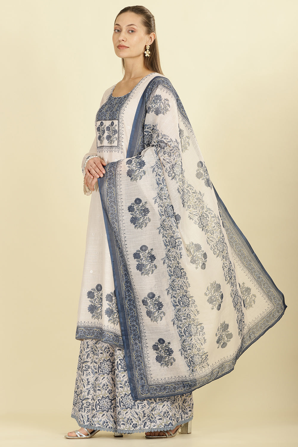 Cream & Blue Cotton Printed Unstitched Suit Material