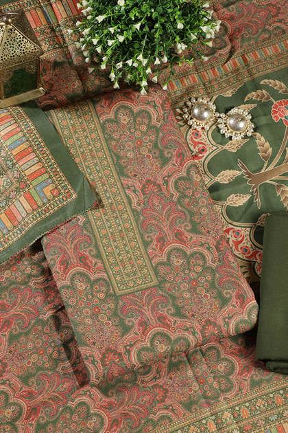 Green Colour Pashmina Digital Printed Unstitched Suit Fabric