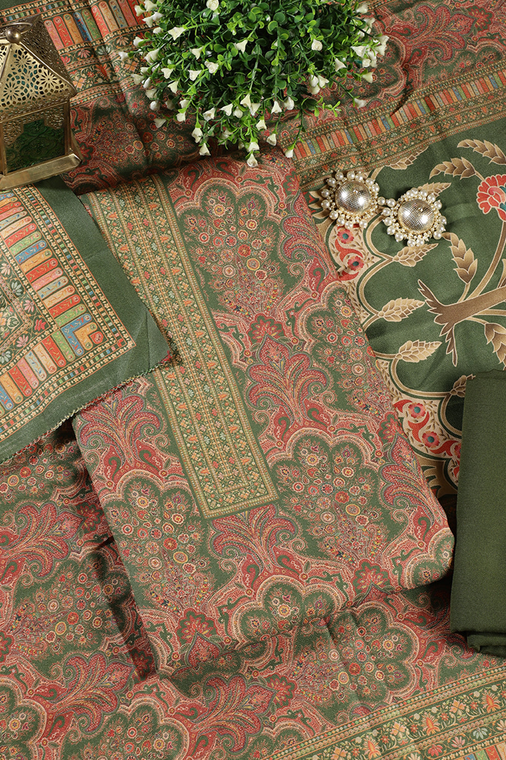 Green Colour Pashmina Digital Printed Unstitched Suit Fabric
