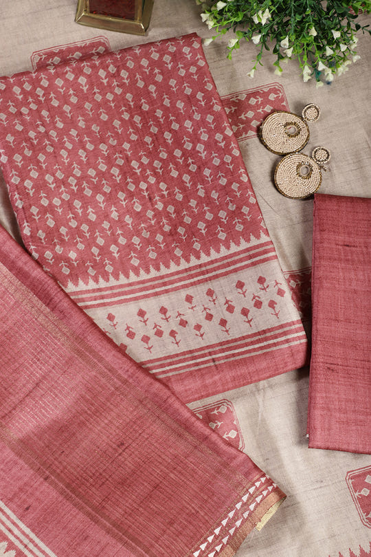 Light Maroon Tussar Cotton Printed Unstiched Suit Material