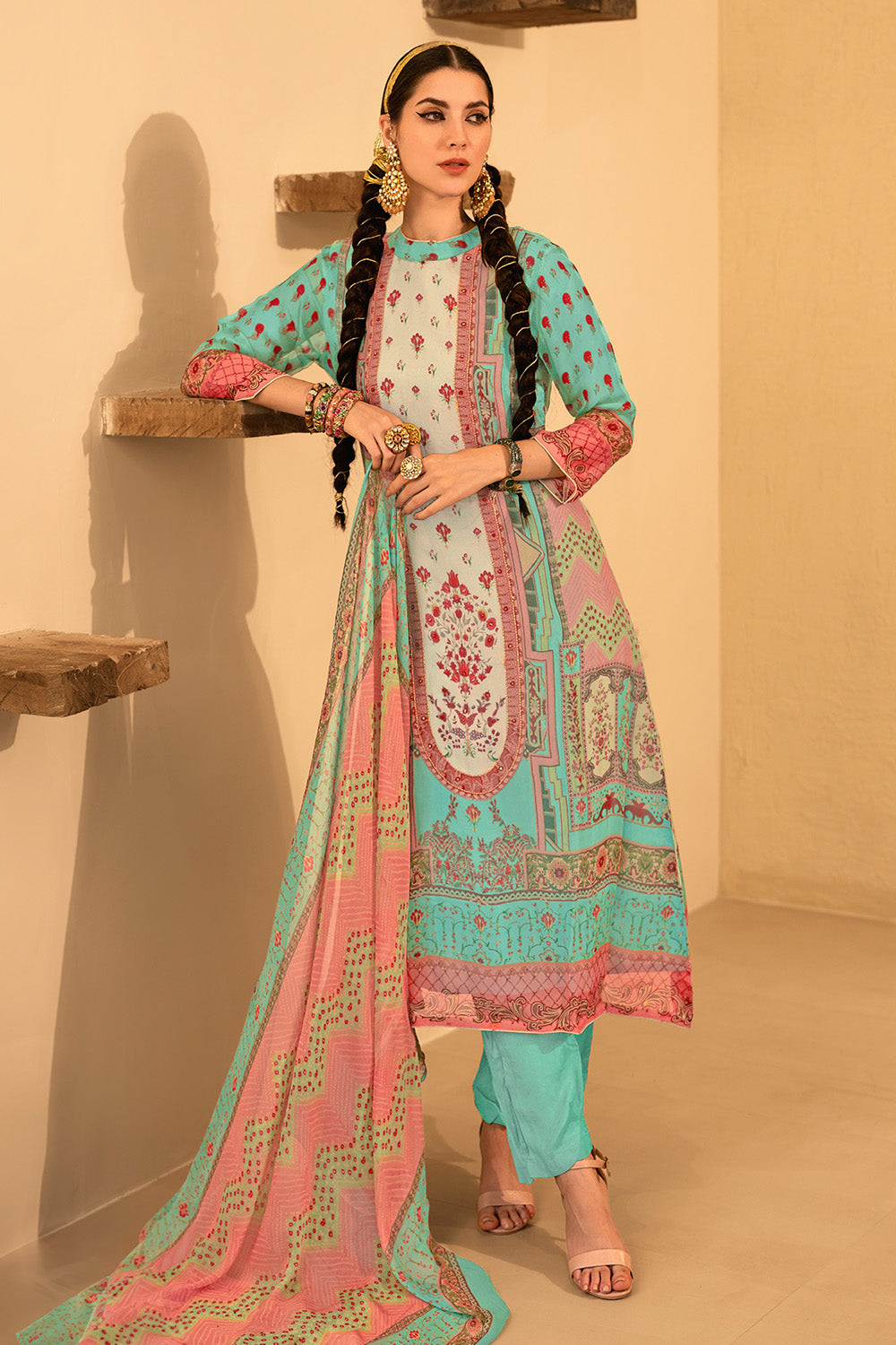 Turquoise Color Organza Printed Unstitched Suit Material