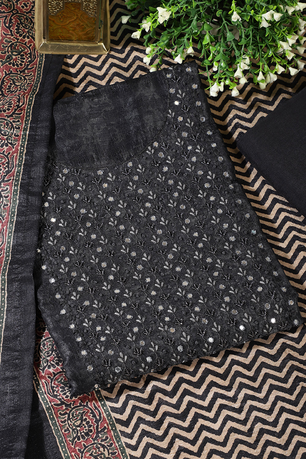 Black Tissue Silk Mirror & Resham work Unstitched Suit Material