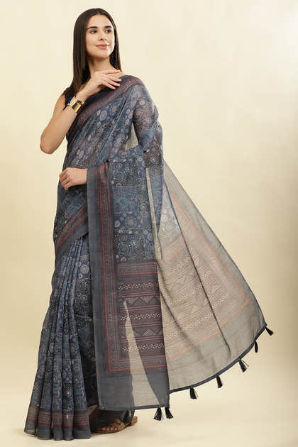 Grey & Blue Cotton Silk Printed Saree