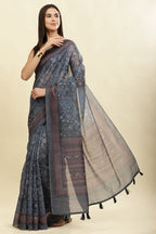 Grey & Blue Cotton Silk Printed Saree