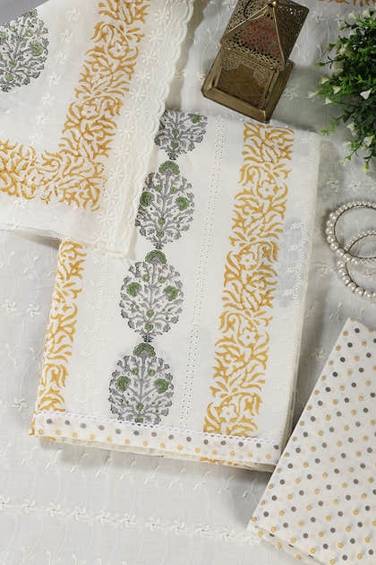 Cream & Mustard Printed And Resham Embroidered Unstitched Suit Fabric