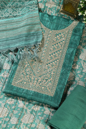Green Tussar Silk Neck Zari Embroidered Unstitched Suit