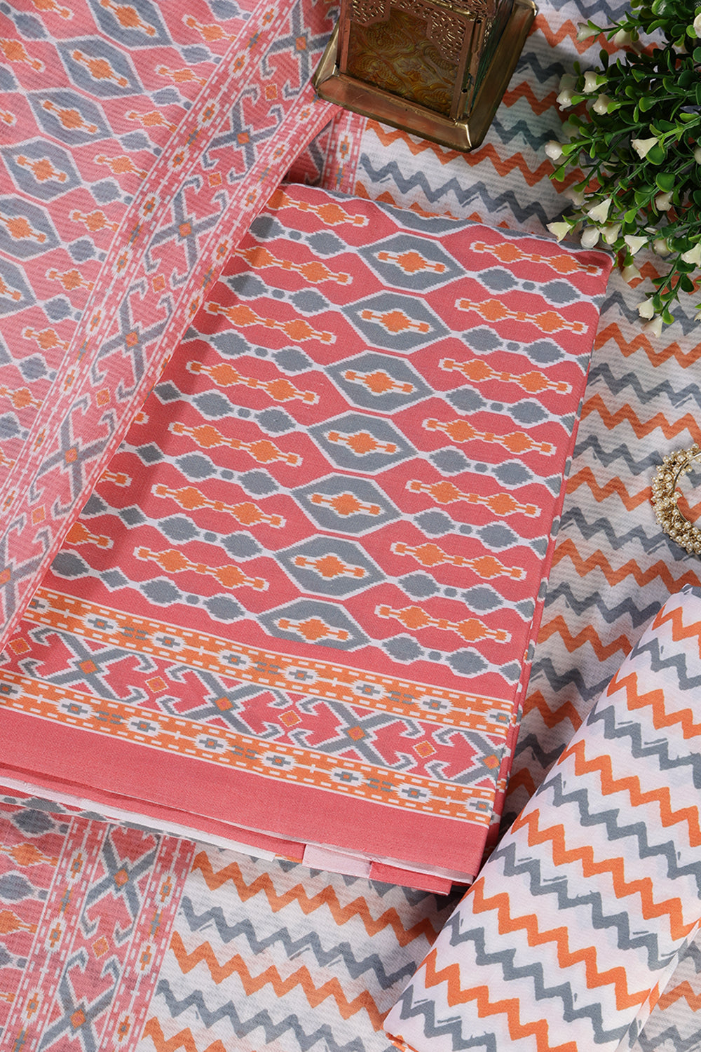 Peach Malmal Cotton Printed Unstitched Suit Material