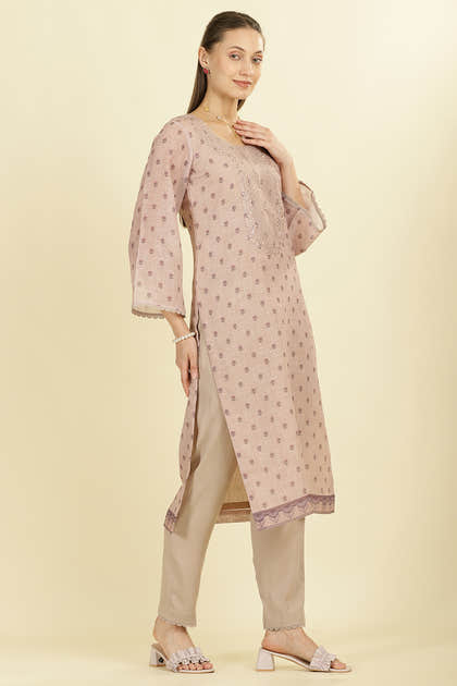 Beige Cotton Floral Printed And Neck-EmborideredUnstitched Suit Material