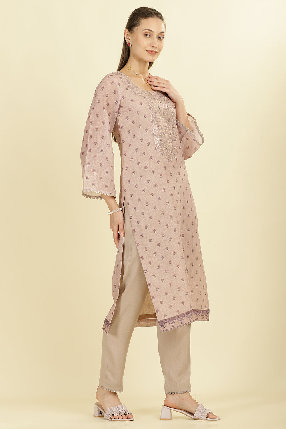 Beige Cotton Floral Printed And Neck-EmborideredUnstitched Suit Material