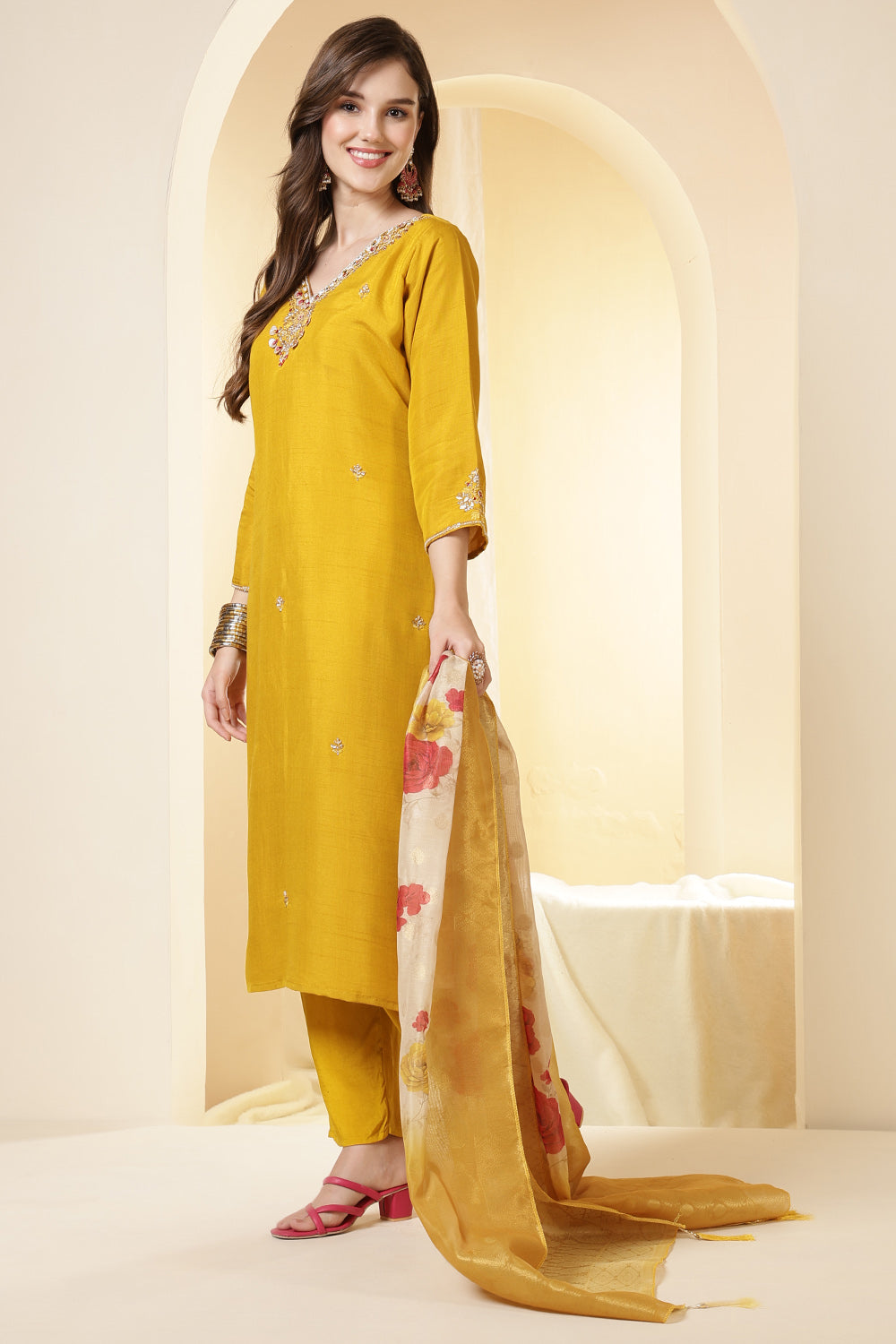 Mustard Color Silk Suit Set With Neck Embroidered & Floral Printed Dupatta