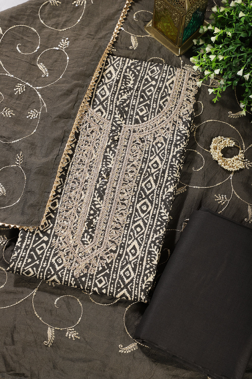 Grey Cotton Digital Printed & Neck Embroidered Unstitched Suit