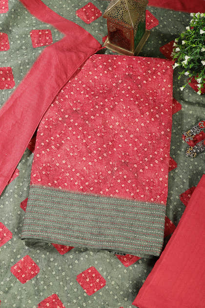 Red Spun Bandhani Printed Unstitched Suit Fabric