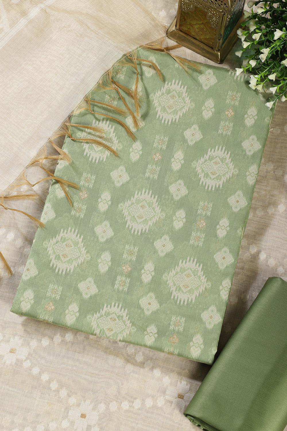 Pista Green Chanderi Cotton Woven Unstitched Suit