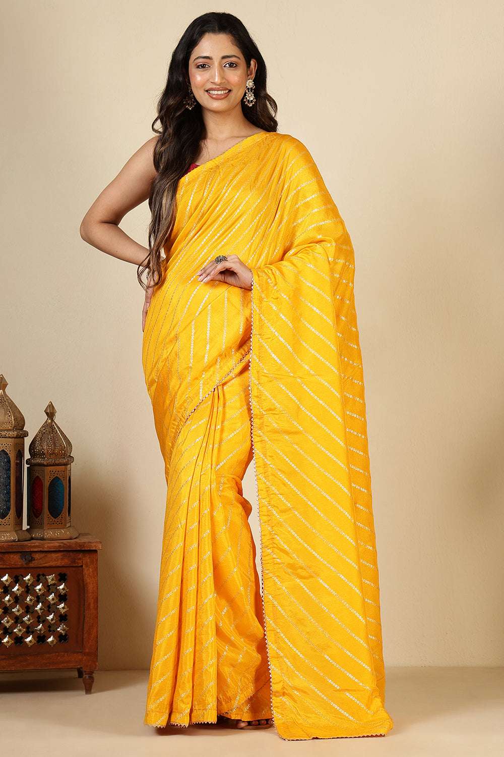 Mustard Modal Silk Saree with Zari Pinstripes