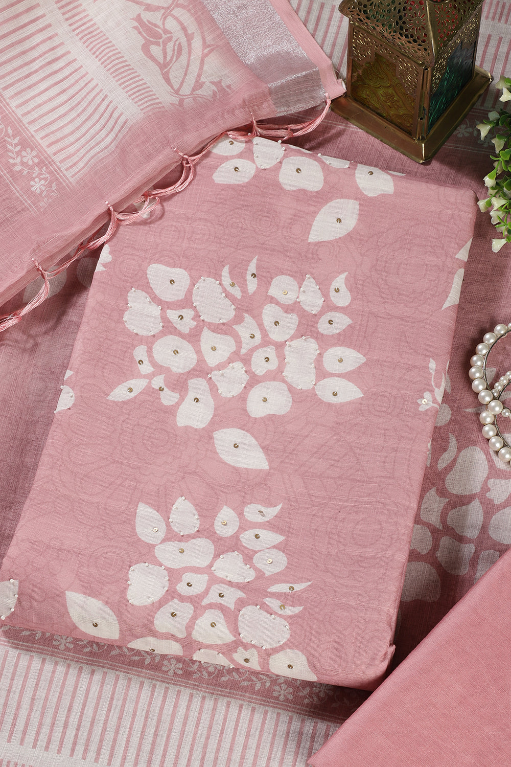 Pink Color Printed Linen Cotton Unstitched Suits