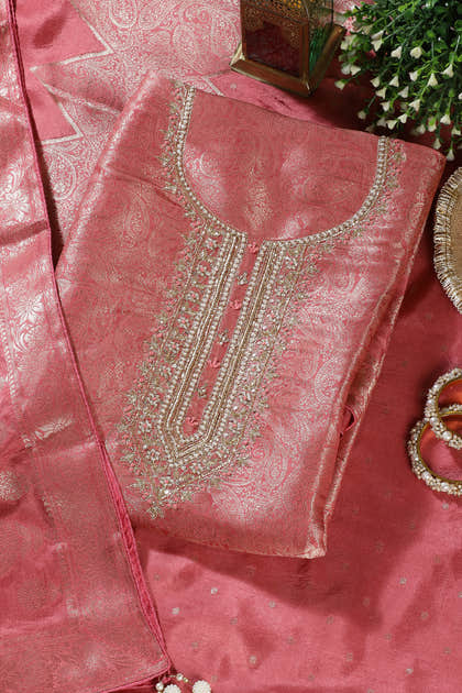 Peach Silk Zari Woven And Embroidered Unstitched Suit Material