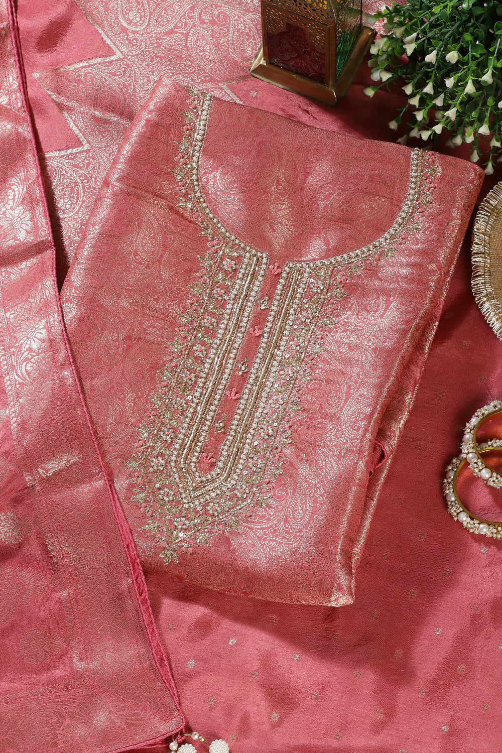 Peach Silk Zari Woven And Embroidered Unstitched Suit Material