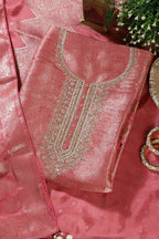 Peach Silk Zari Woven And Embroidered Unstitched Suit Material