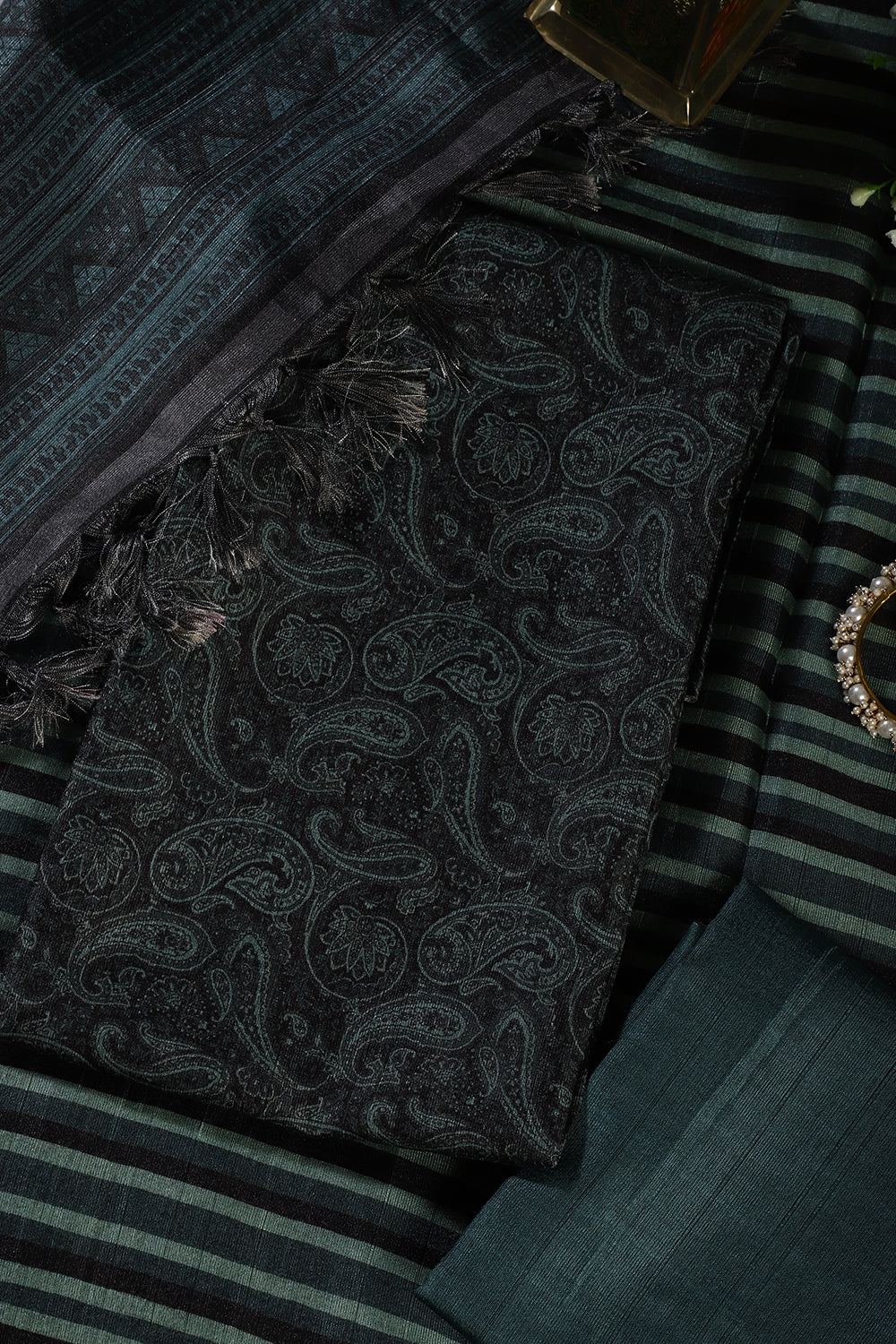 Green & Black Digital Printed Chanderi Cotton Unstiched Suit Material