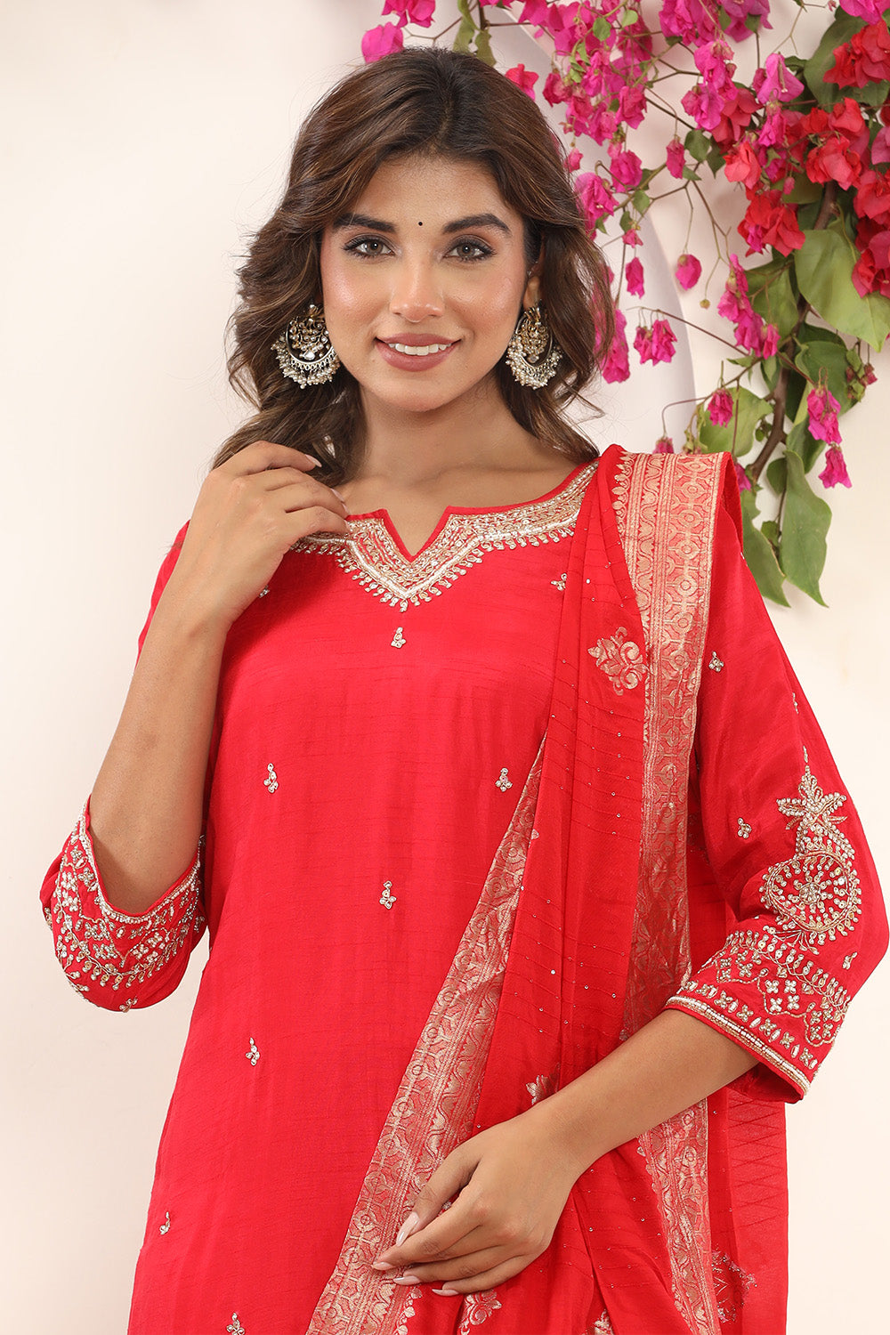 Red Color Silk Neck Embroidered Straight Suit