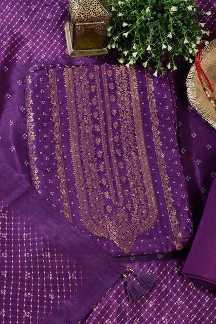 Purple Zari Woven And Bandhani Printed Silk Unstitched Suit Fabric