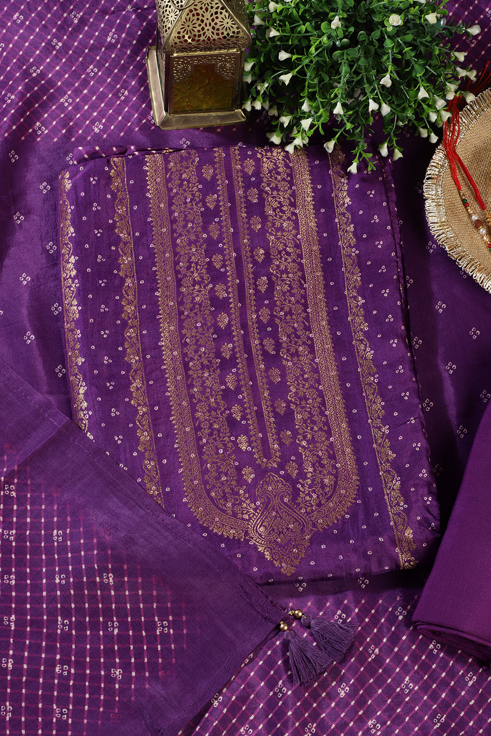 Purple Zari Woven And Bandhani Printed Silk Unstitched Suit Fabric