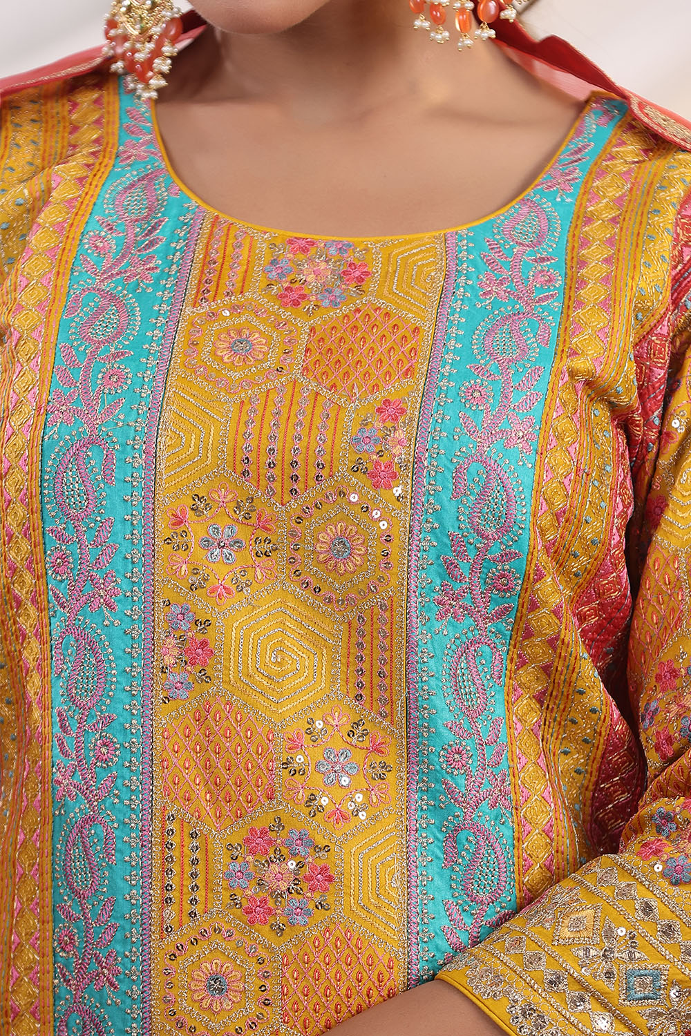 Mustard Color Embroidered Silk Unstitched Suit Fabric