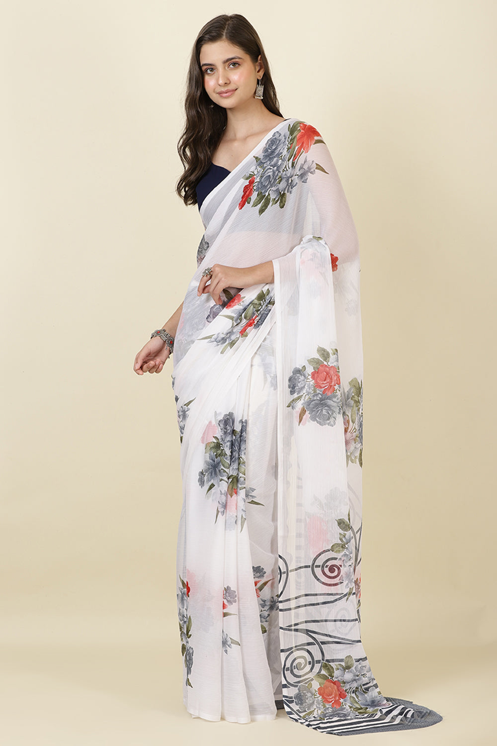White Georgette Floral Printed Saree